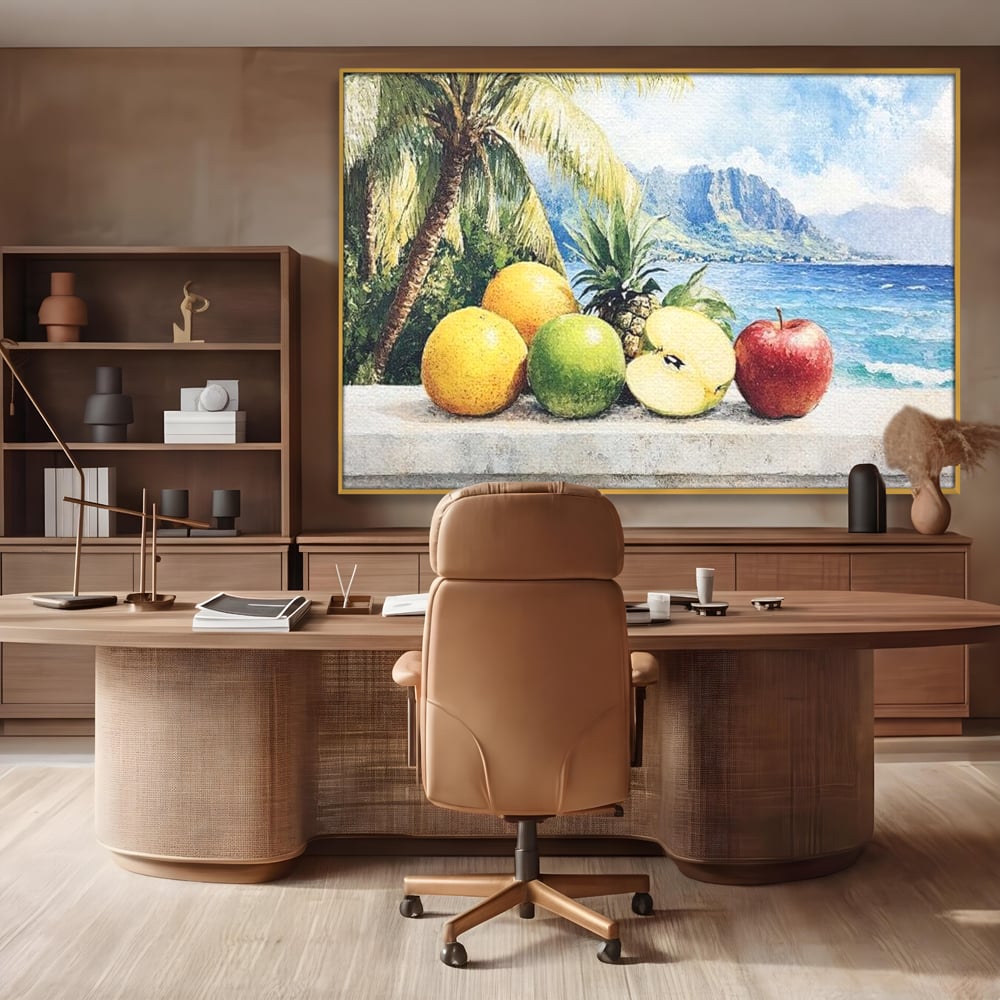 Tablou canvas cu natura moarta cu fructe tropicale si ocean, in rama de aluminiu auriu, pe perete intr-un birou